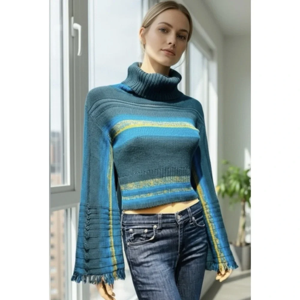 Free People Close To Me Knit Sweater Sz M Striped Bell Sleeve Boho Cotton